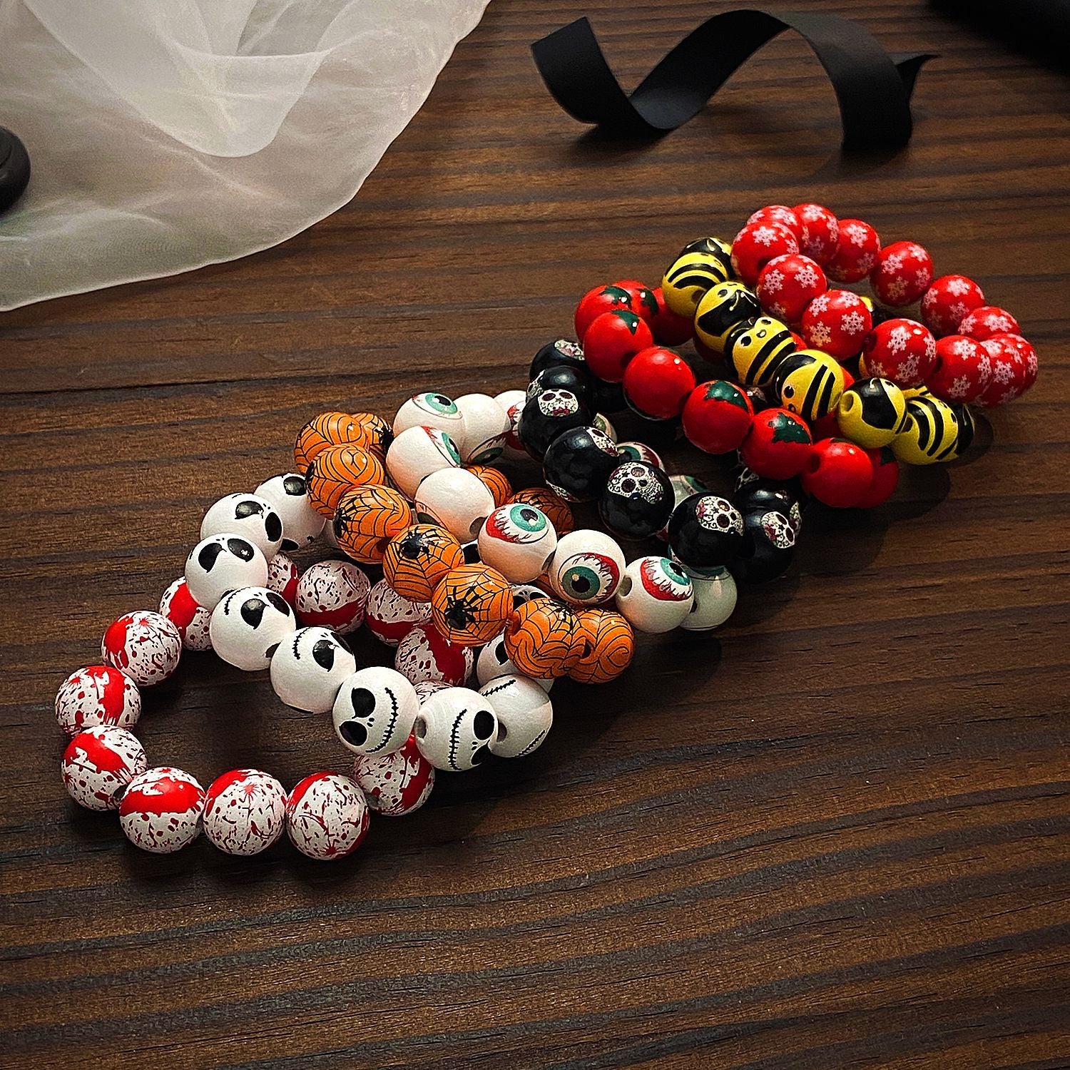 Wholesale Wooden Skull  Web Beaded Bracelet Unisex  DIY Jewelry Accessory