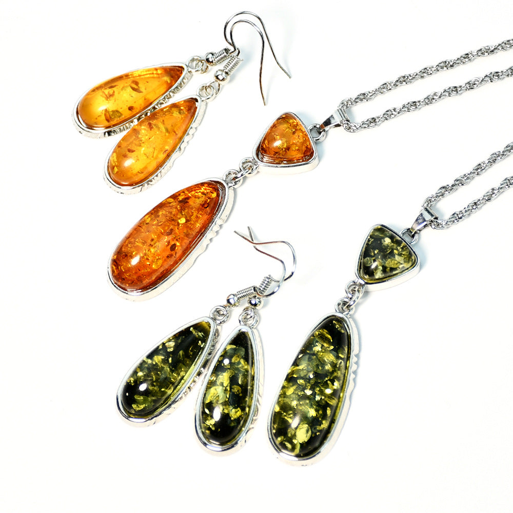 Wholesale Imitation Amber Water Drop Alloy Necklace Earrings Set