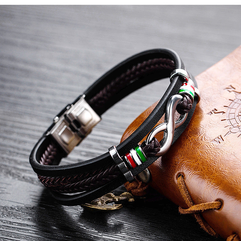 Wholesale Vintage Simple Leather Multi-layer Men's Alloy Bracelet