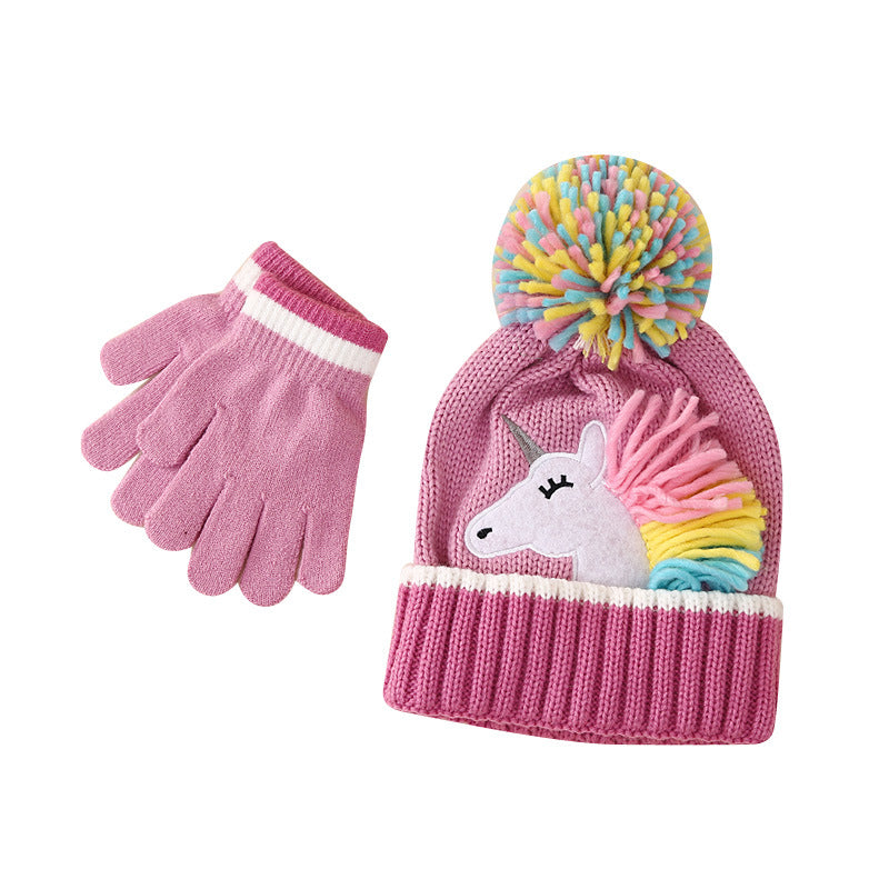Wholesale Children's Cartoon Unicorn Knitted Hat Gloves Winter Set