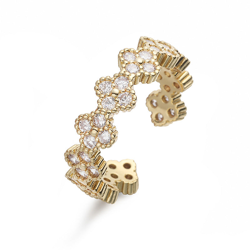 Wholesale Copper Inlaid with Colored Diamonds Four-Leaf Clover Ring