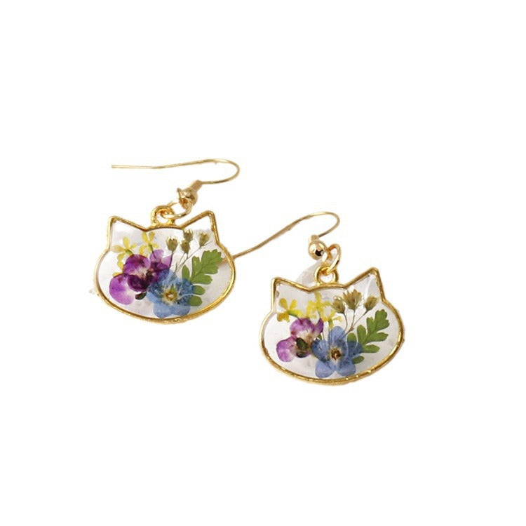Wholesale New cat head flower earrings color real flower glue French earrings eternal flower jewelry cute gift