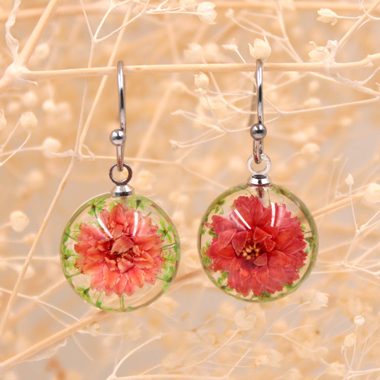 Wholesale 12pcs Handmade Transparent Round Small Daffodil Dried Flower Earrings