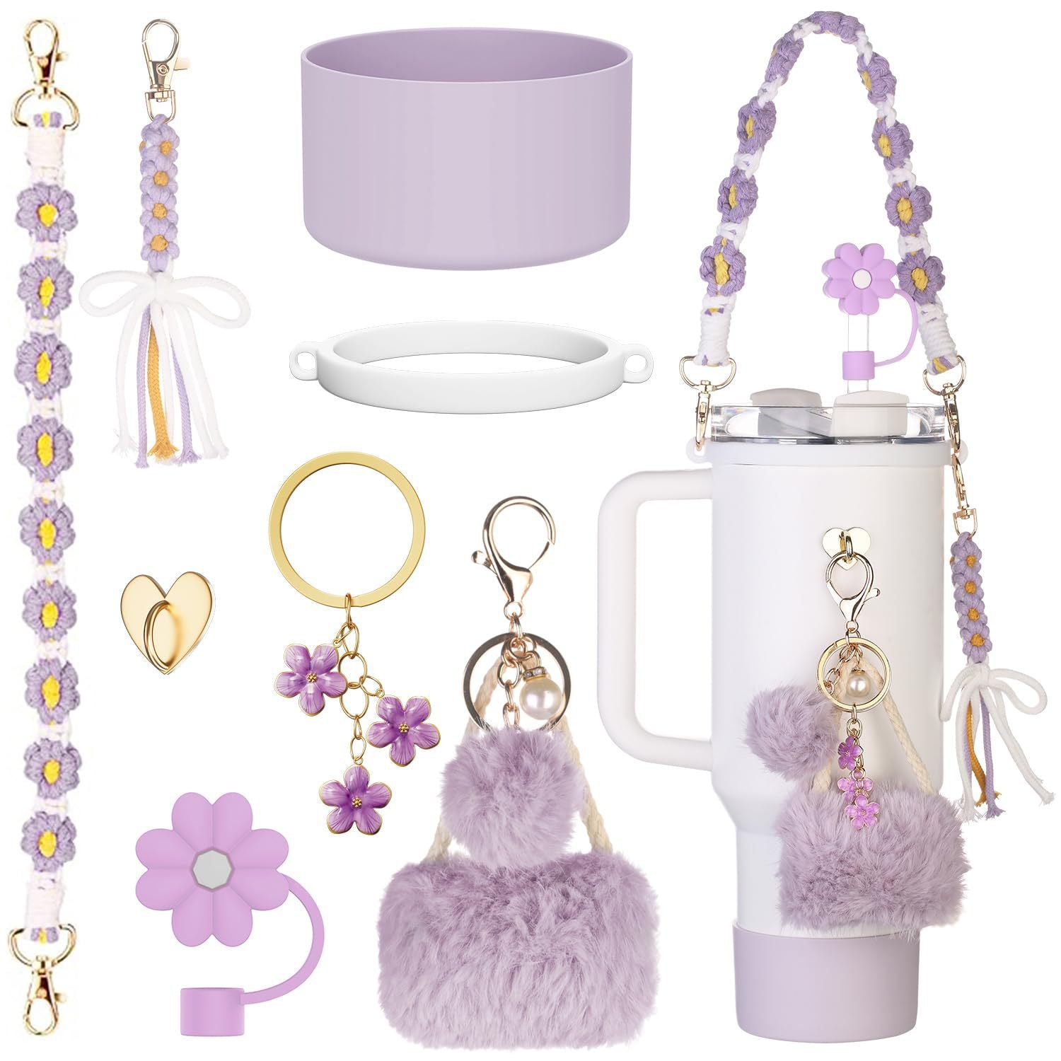 Wholesale Water cup braided hand rope thermos cup chain love hook fur ball key chain set