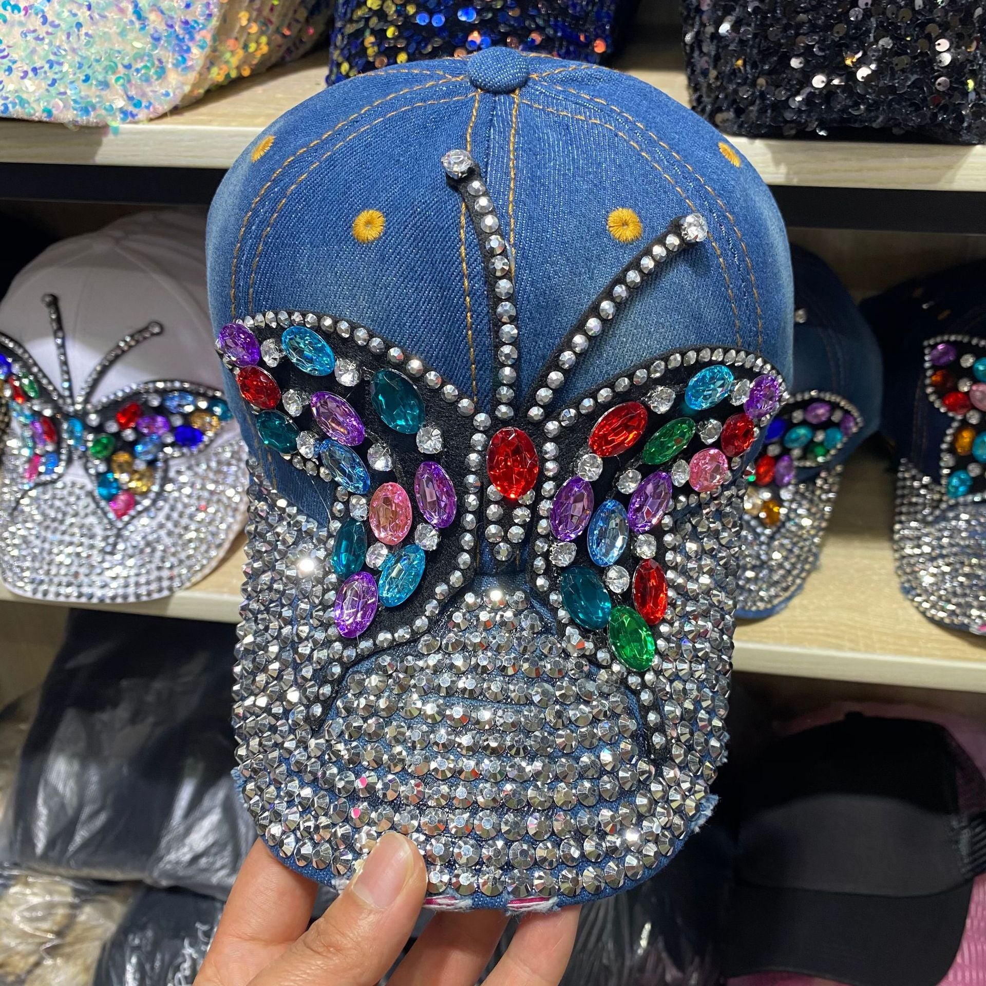 Wholesale Colored Diamond Butterfly Denim Cotton Baseball Caps