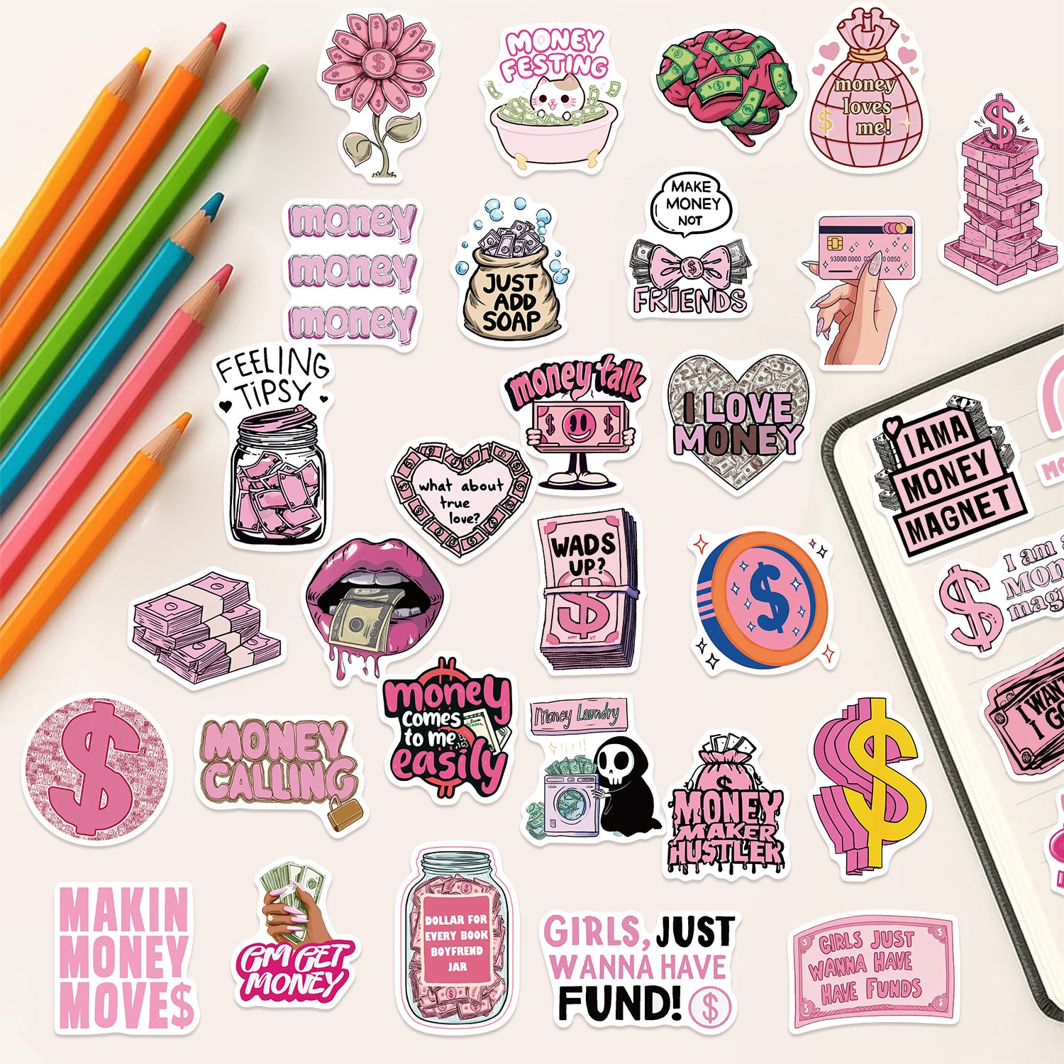 Wholesale 50pcs Cartoon Pink Money Series Graffiti Waterproof Stickers