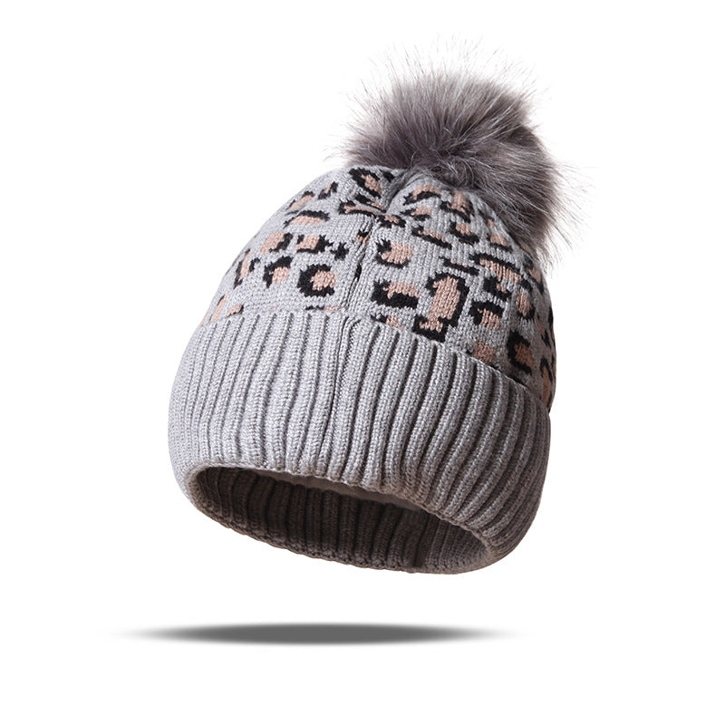 Wholesale Autumn and Winter Knitted Hat Leopard Print Wool Ball Beanie