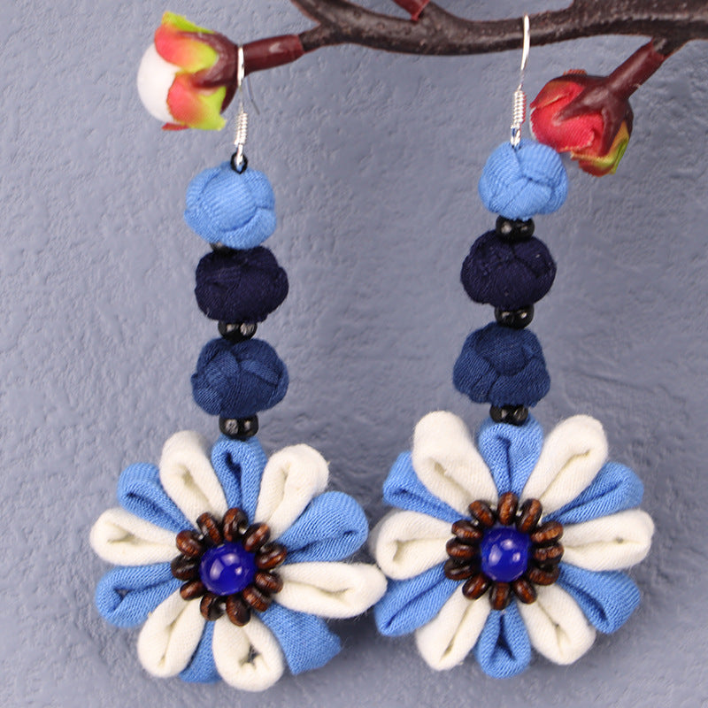 Wholesale Tie-dye blue dye earrings earrings ethnic style buckle flower blue earrings tie-dye earrings