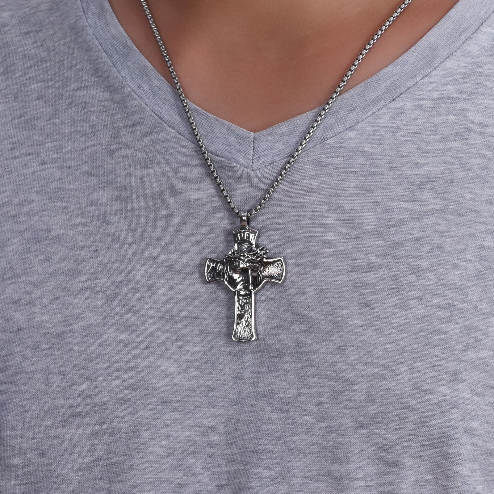 Wholesale Retro Portrait Thorn Crown Cross Stainless Steel Men's Necklace