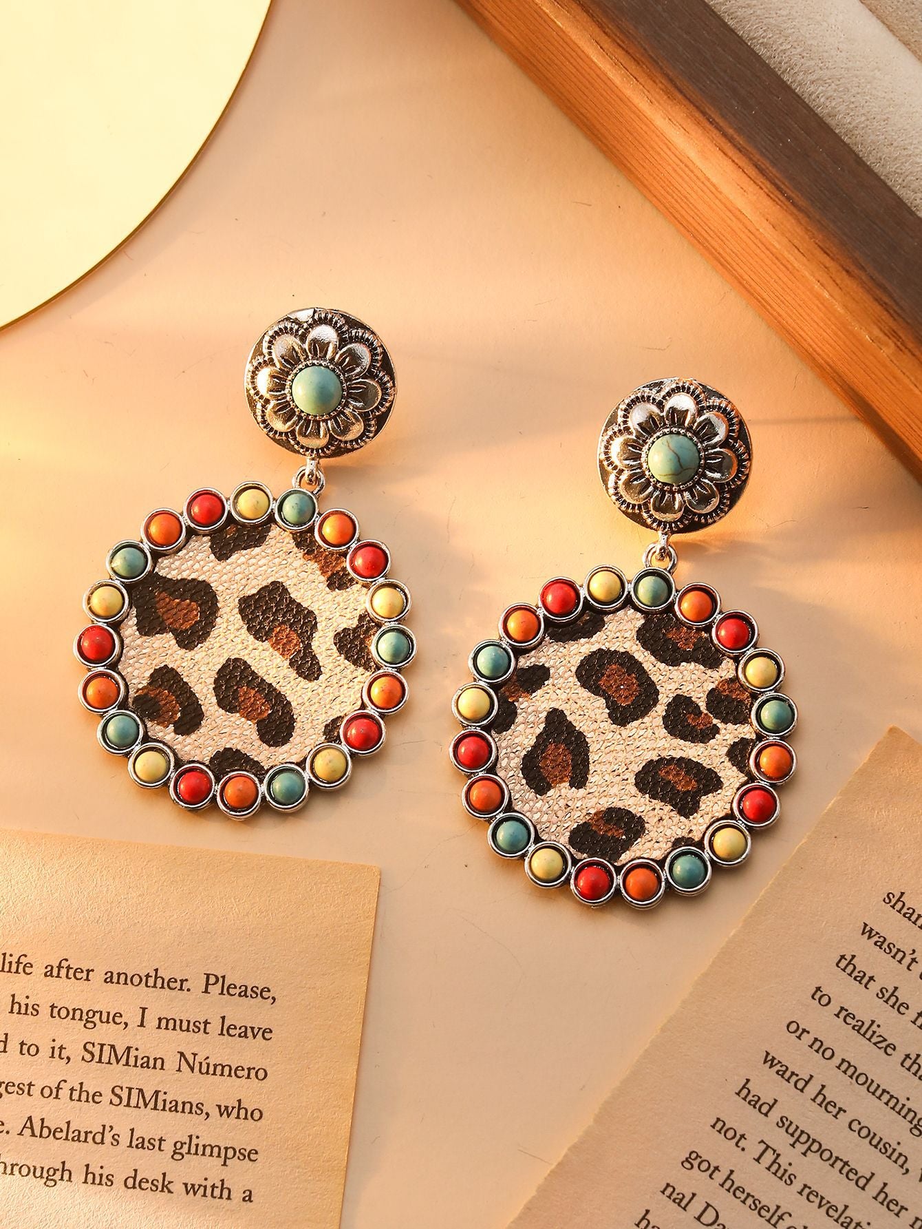 Wholesale Exaggerated retro Bohemian colorful turquoise leopard print earrings