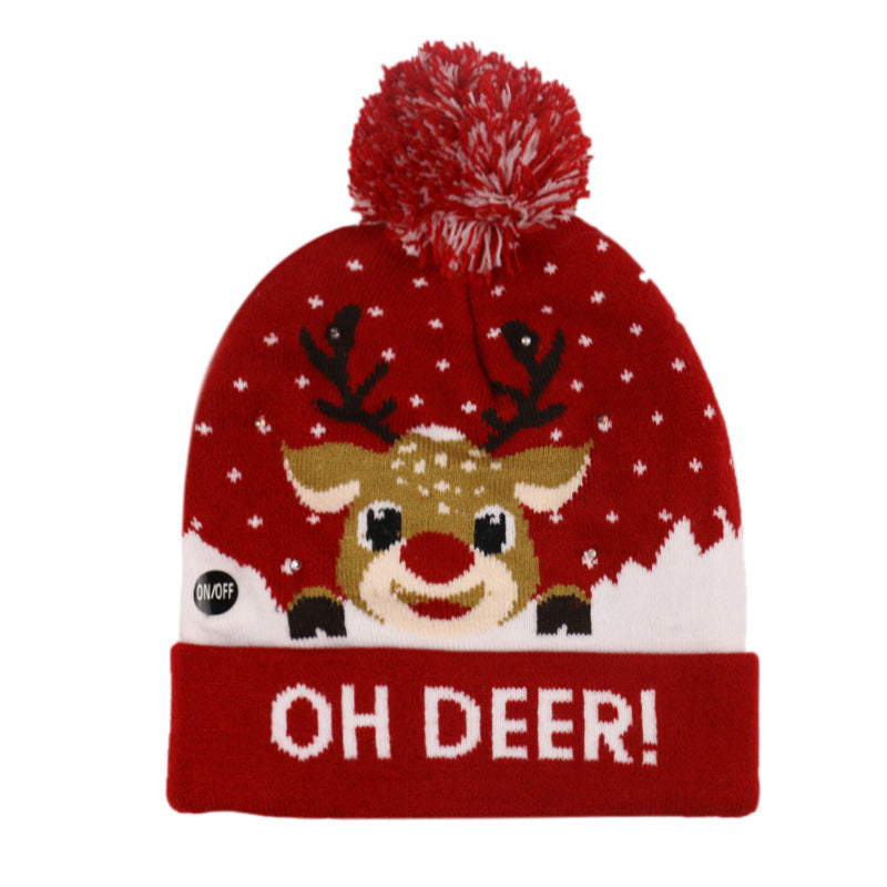 Wholesale Christmas Snowman Elk Christmas Tree Hair Ball Knitted Hat LED Colorful Dazzling Light Woolen Hat