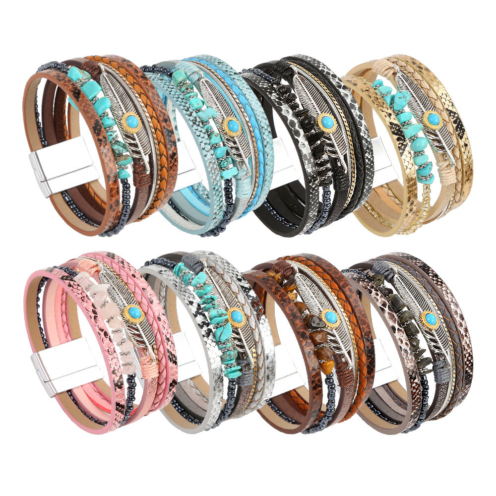 Wholesale Bohemian Vintage Ethnic Style Braided Turquoise Multi-layered Bracelet