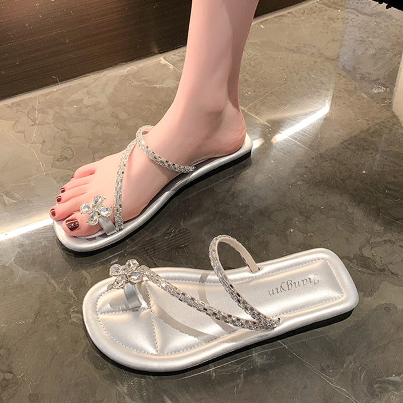 Wholesale Floral Rhinestone Cool Flat Slippers