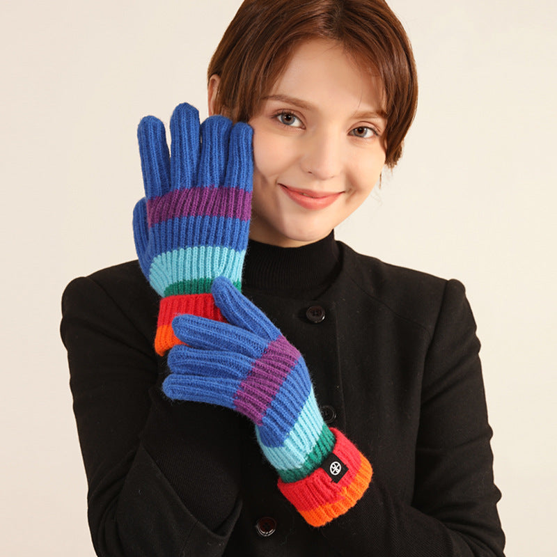 Wholesale Winter Rainbow Striped Knitted Fingerless Gloves Alpaca Warm Touch Screen Gloves