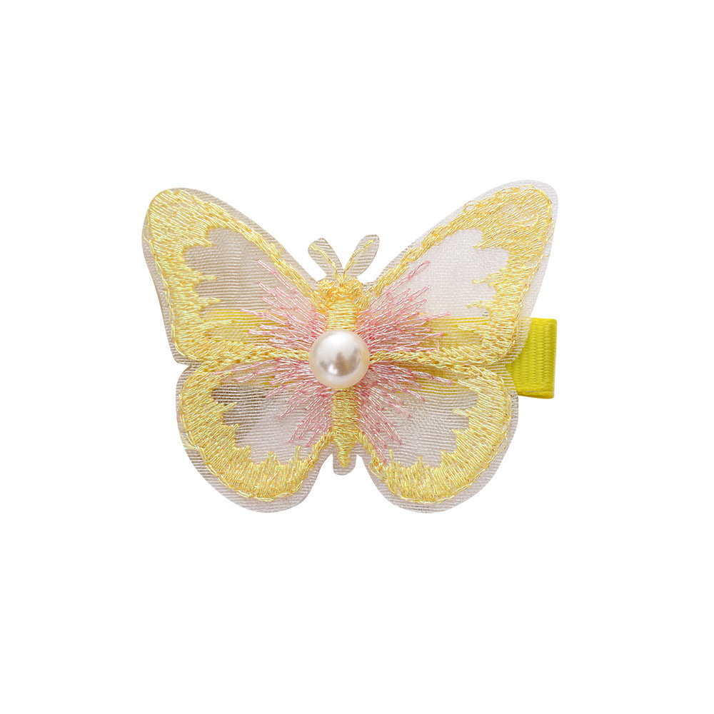 Wholesale fairy cute bangs clip phantom color double organza embroidery butterfly hair clip