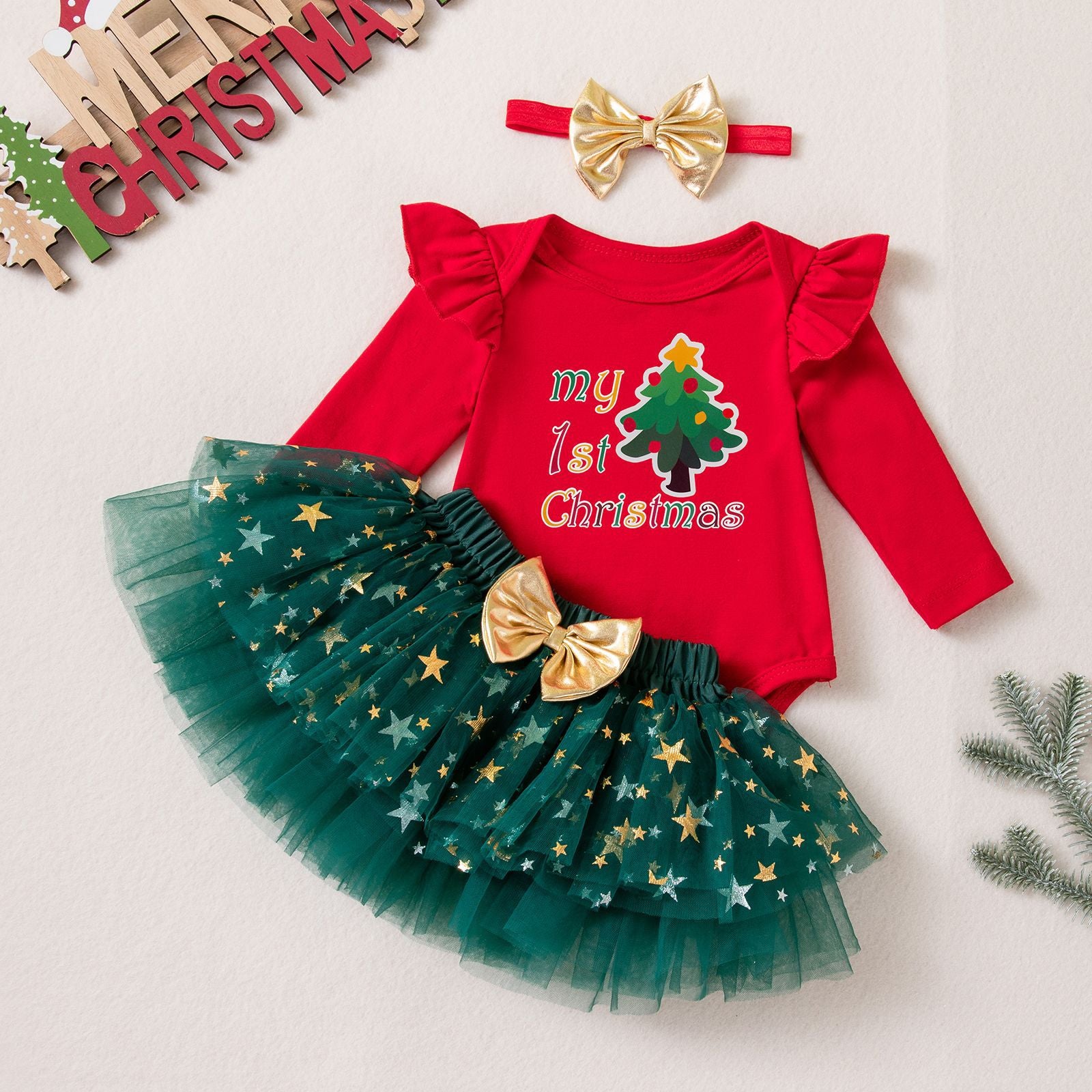 Wholesale Infant Baby Girl Christmas Dress Set Red Star Tulle Skirt 3 Piece Holiday Party Outfit