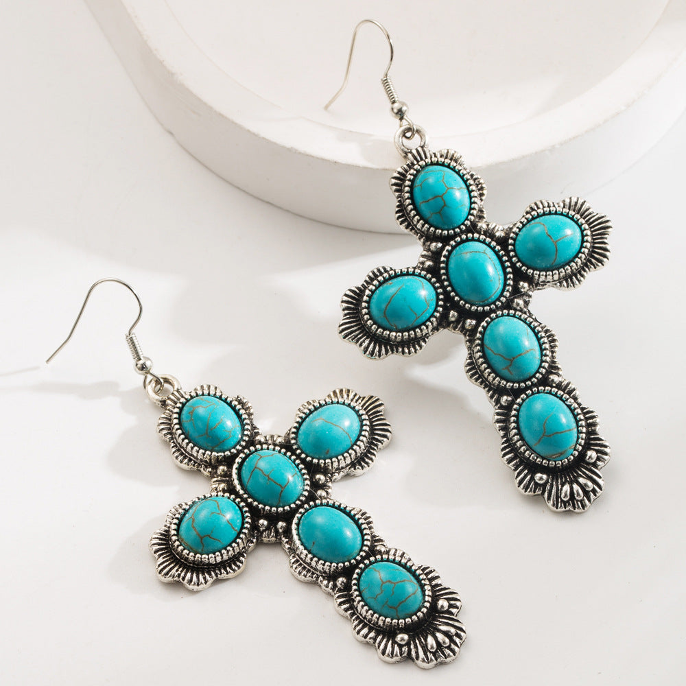 Wholesale Vintage cross inlaid turquoise earrings for women bohemian style