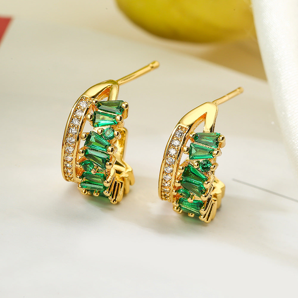 Wholesale Emerald Zircon C Shape Copper Earrings
