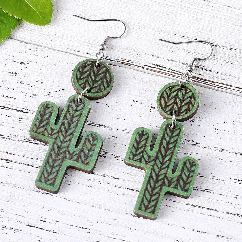 Wholesale Hawaiian Style Tropical Turtle Leaf Cactus Wooden Earrings