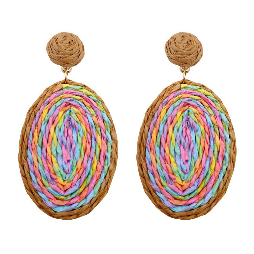 Wholesale Handmade Rattan Dyed Oval Lafite grass Earrings