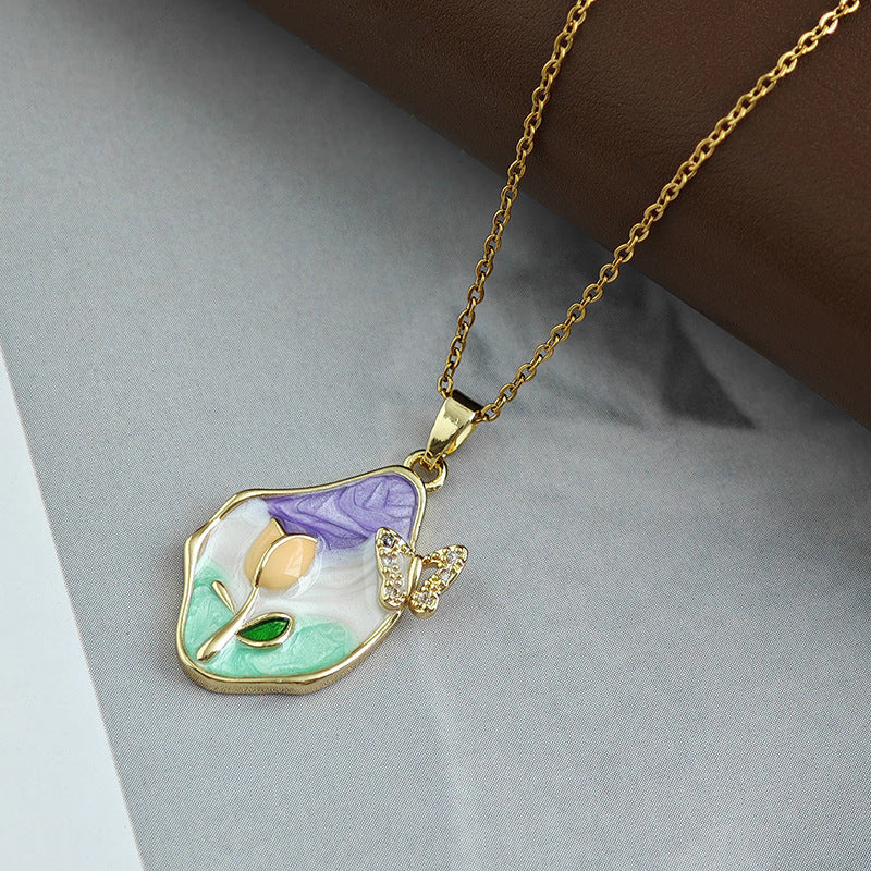 Wholesale Retro Oil Painting Style Flower Butterfly Necklace Accessories for Women, Accessible Luxury Elegant, High-End Clavicle Chain, Exquisite and Versatile Jewelry