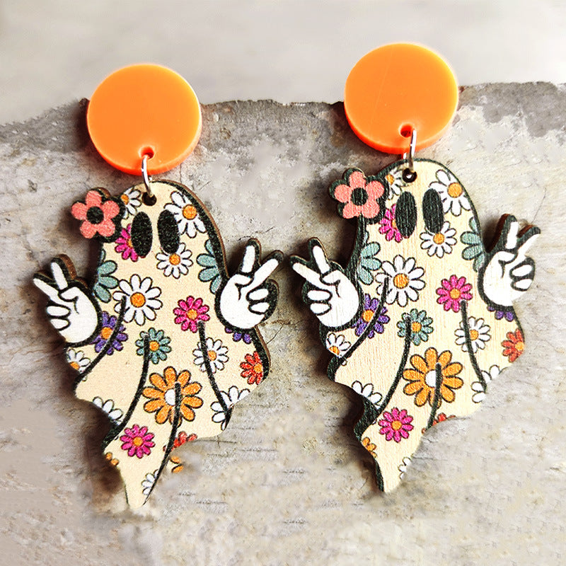 Wholesale 2 Pair/Pack Halloween Retro Style Pumpkin Ghost Spider Colorful Flower Earrings