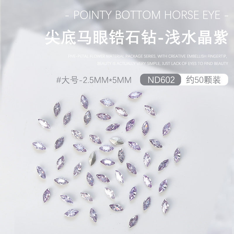 Wholesale 50pcs nail art pointed bottom diamond 5A zircon large, medium and small horse eye diamond special shaped diamond nail decoration