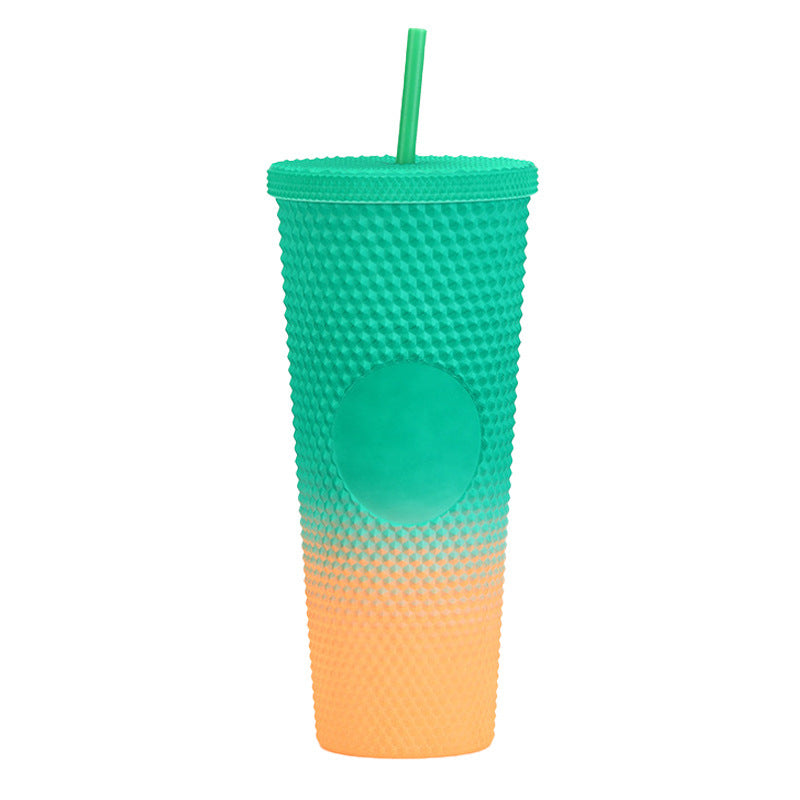 Wholesale Double-layer Plastic 710ml Durian Prick Hand Luminous Color Changing Rainbow Gradient Straw Cup