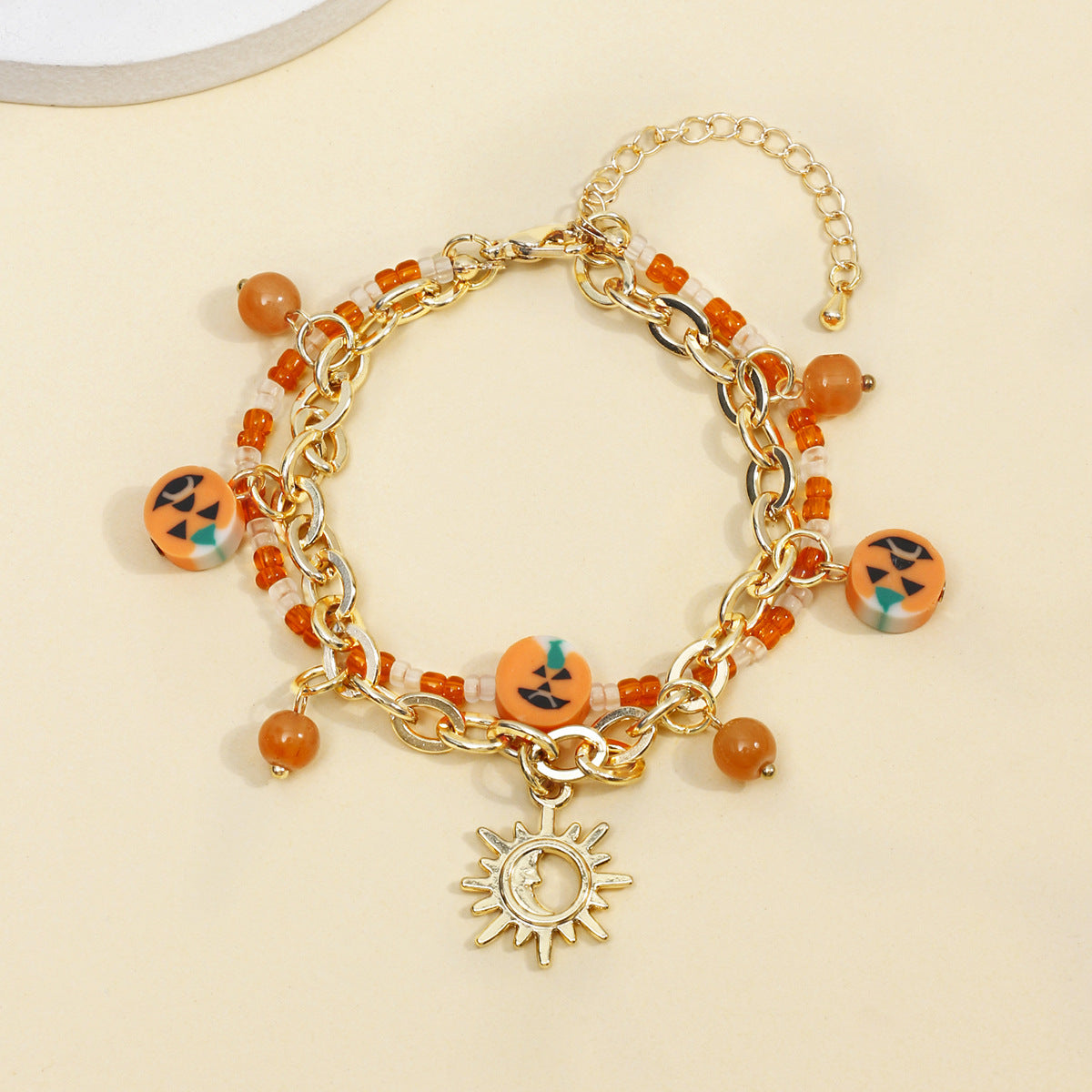 Wholesale Halloween Chain Rice Beads Double Layer Moon Pumpkin Soft Clay Pendant Bracelet