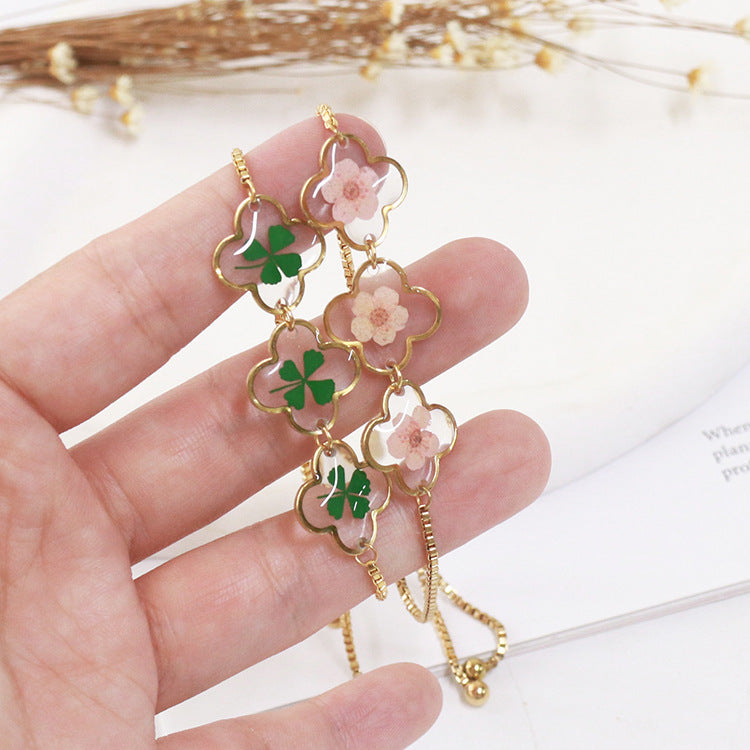 Wholesale 6pcs Four Leaf Clover Gold Plated Stainless Steel Bracelet