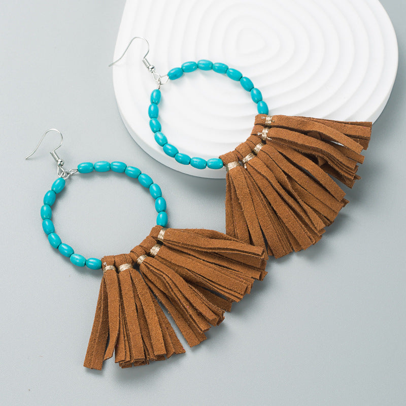 Wholesale Exaggerated Large Round Turquoise Handmade Leather Tassel Earrings