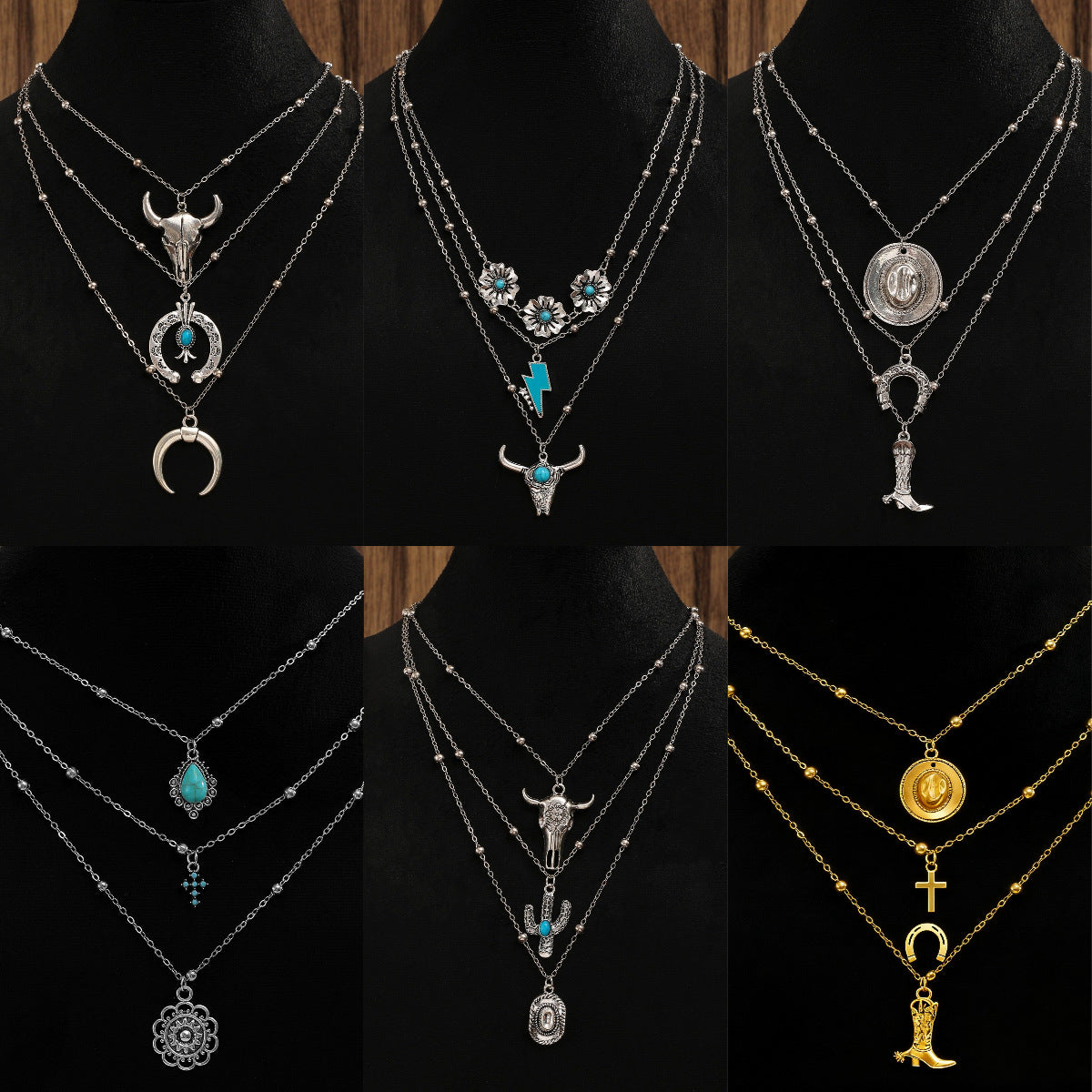 Wholesale Zinc Alloy Western Cowboy Turquoise Layered Necklace Set Bohemian Fashion Accessory Gift