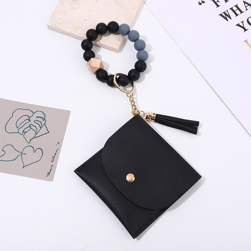 Wholesale Wooden bead card holder key ring bracelet ID card holder bracelet