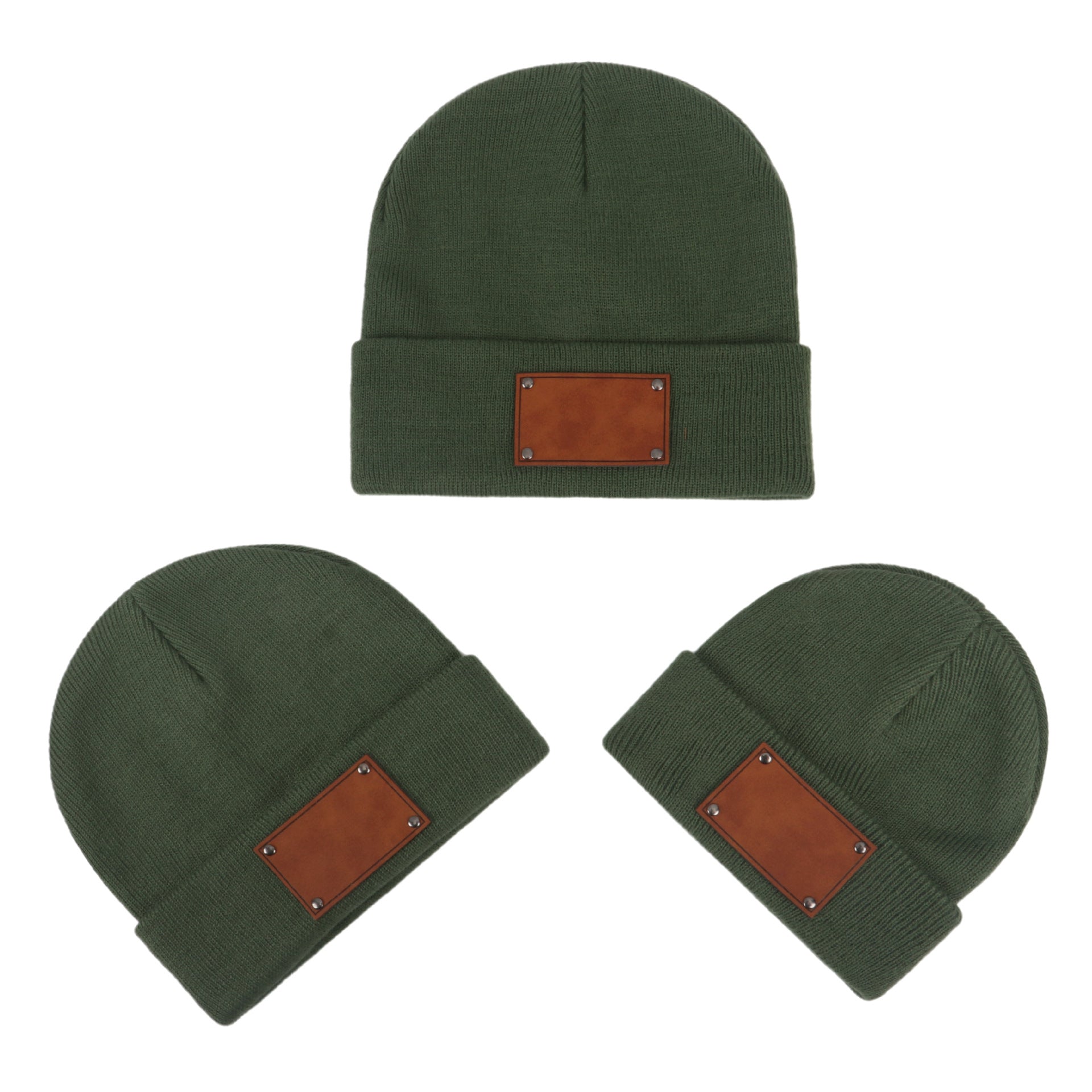 Wholesale Fashion Retro Infant and Toddler Children Blank Engravable Leather Label Knitted Warm Pullover Beanie