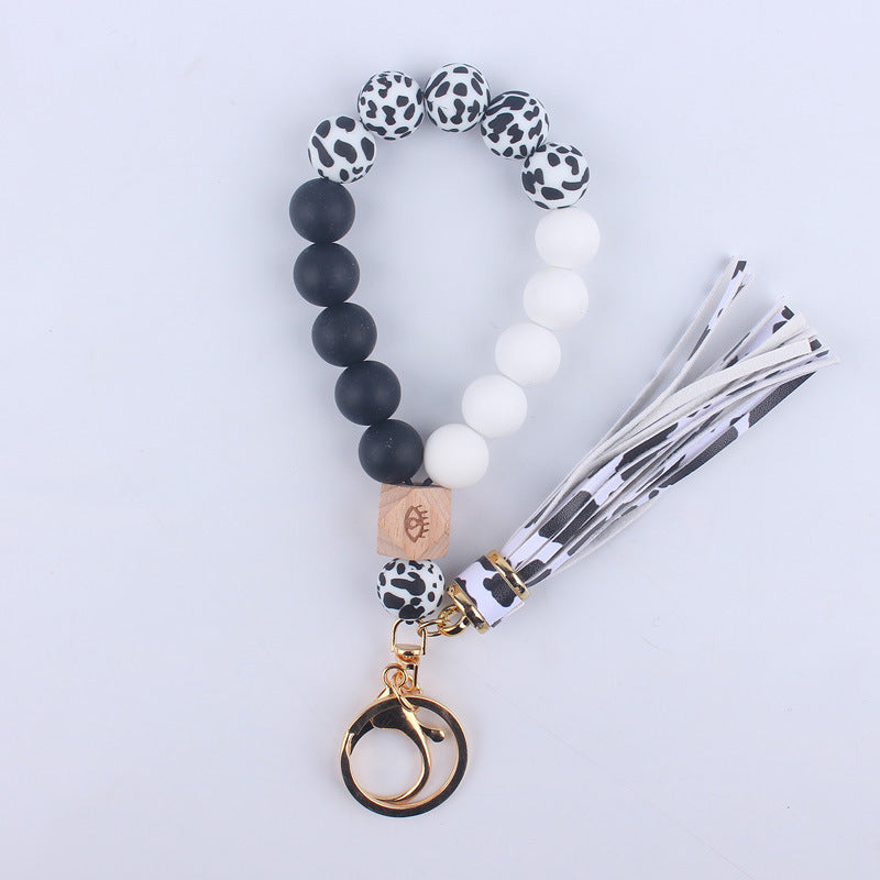 Wholesale Leopard Pattern Silicone Tassel Beaded Wrist Keychain