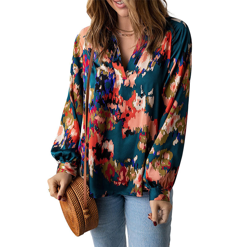 Wholesale Personalized Women's Satin Fabric Graffiti Printed Fluffy Sleeve Shirts