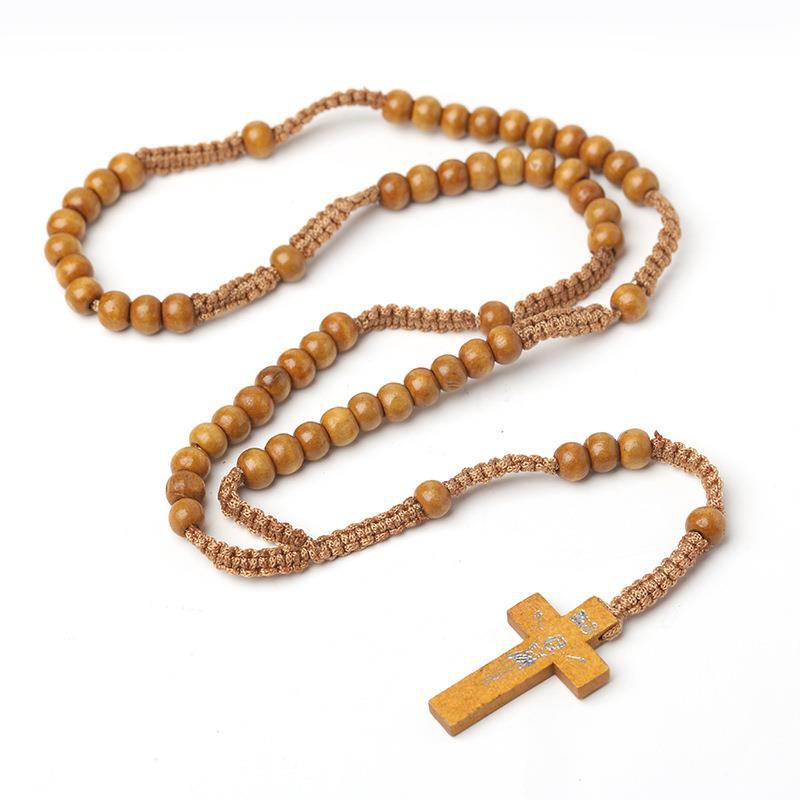 Wholesale Natural Wood Bead Cross Handmade Woven Necklace