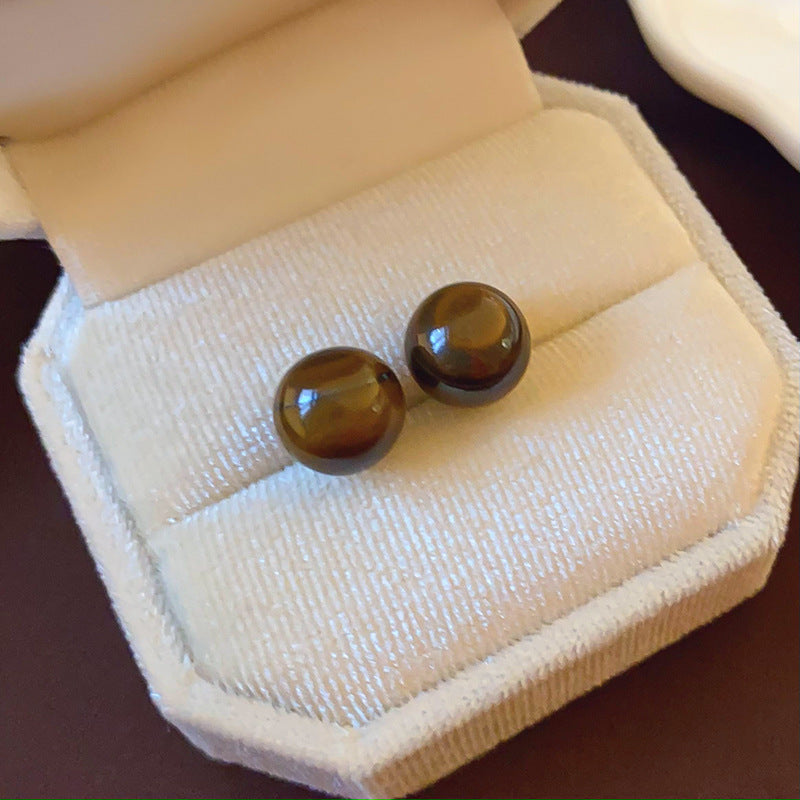 Wholesale Real Gold Electroplating Autumn and Winter Retro Fashion Temperament High-end Round Tiger Eye Stone Earrings