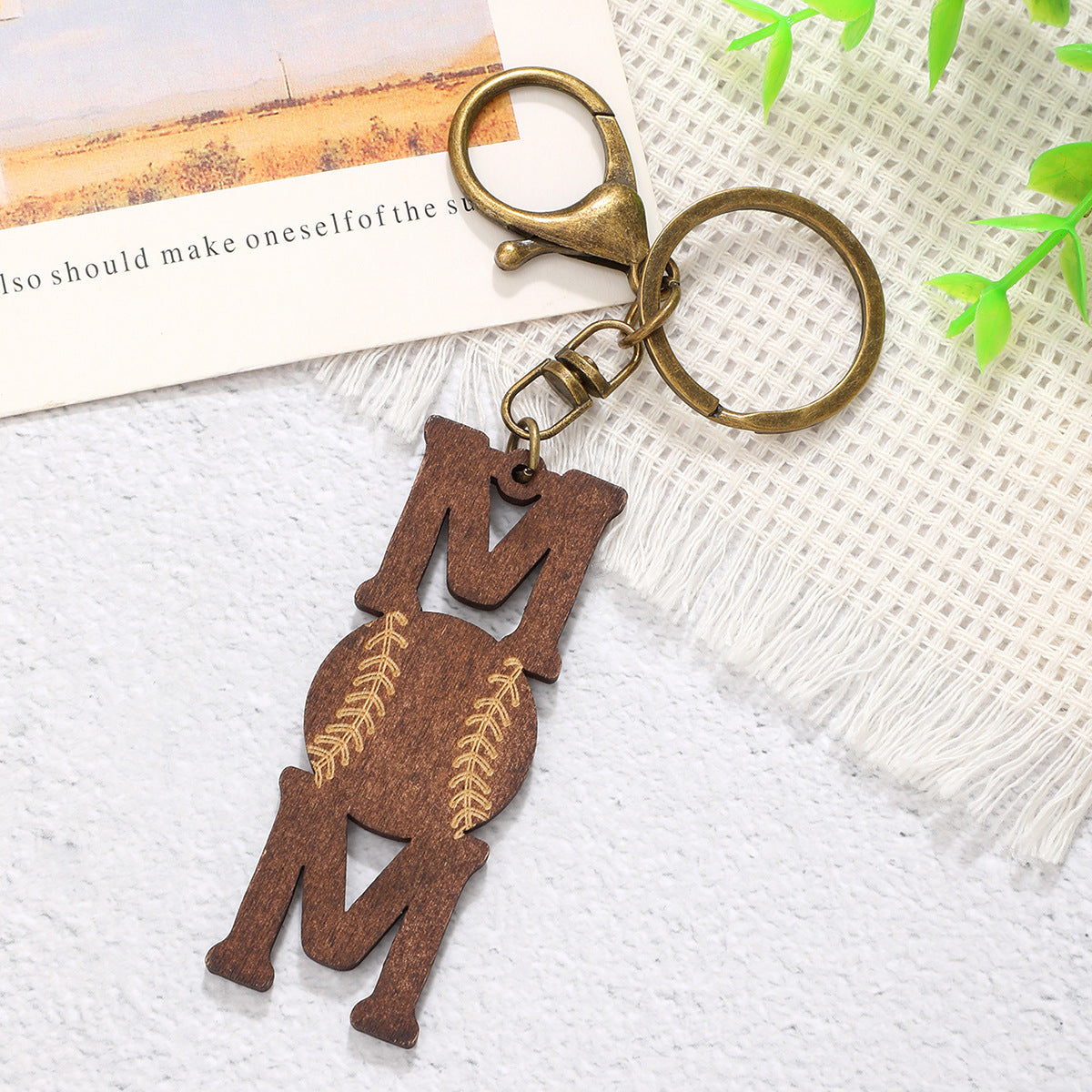 Wholesale Sports Style Ball Baseball Rugby MOM Wood Chip Vintage Keychain