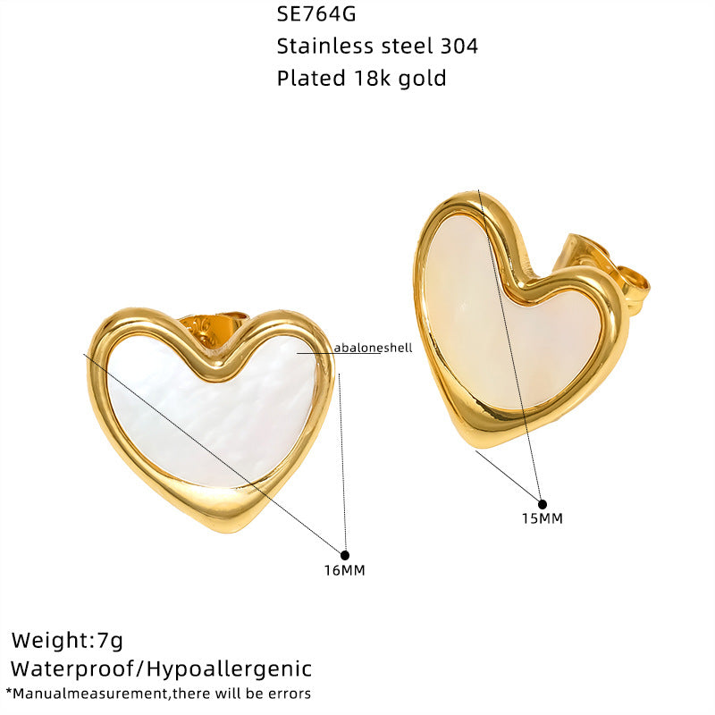 Wholesale Stainless Steel 18K Gold Plated Heart Inlaid Shell Stud Earrings