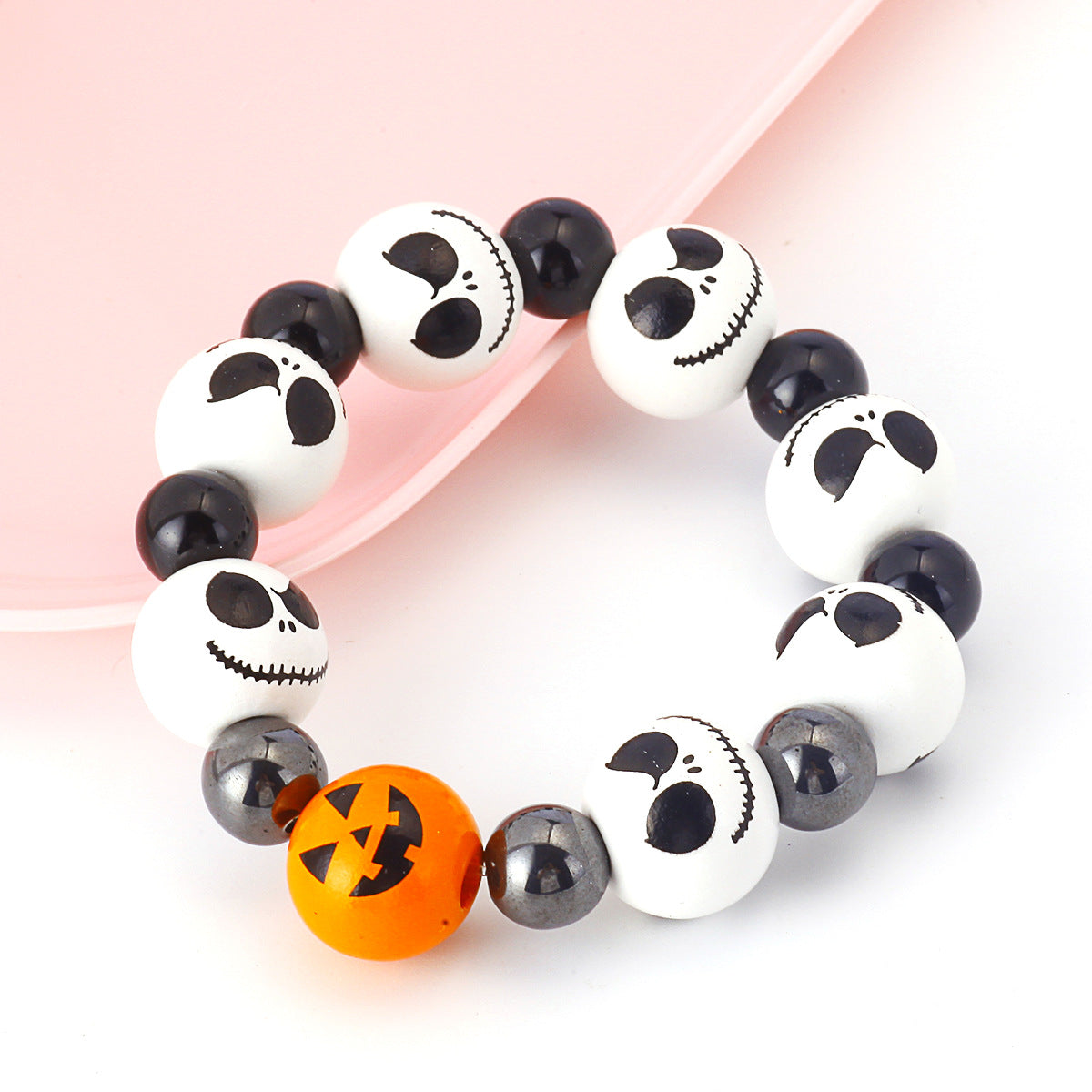 Wholesale Halloween Bracelet Beaded Pumpkin Head Skull Ghost Beads 16mm Wooden Beads Black Stone Bracelets