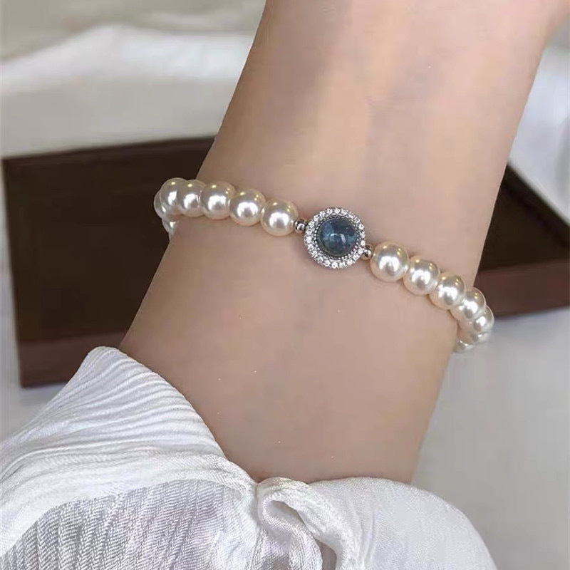 Wholesale Mermaid's tears navy blue sapphire artificial pearl beaded bracelet light luxury niche design bracelet