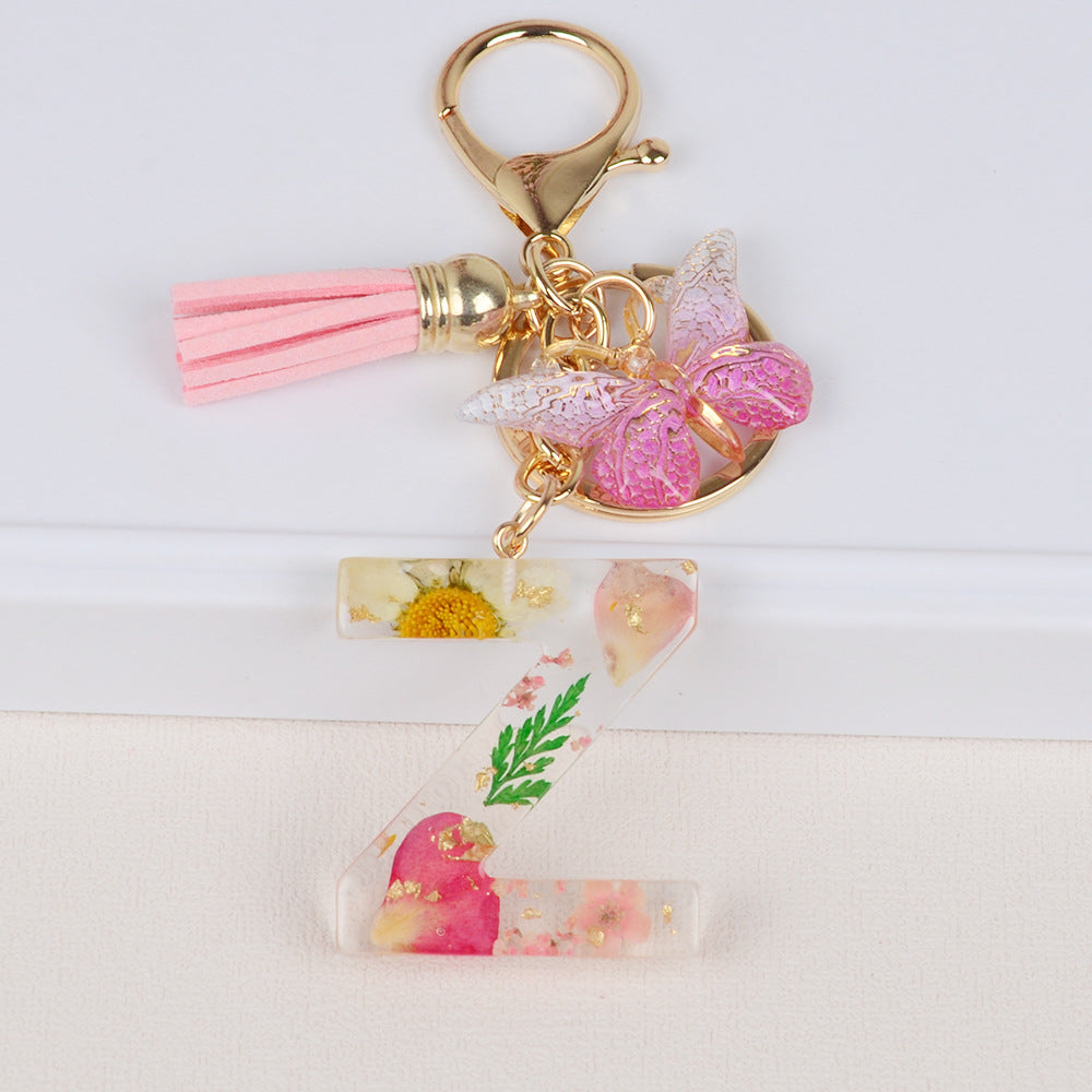 卸売ドライフラワーレター樹脂キーホルダー