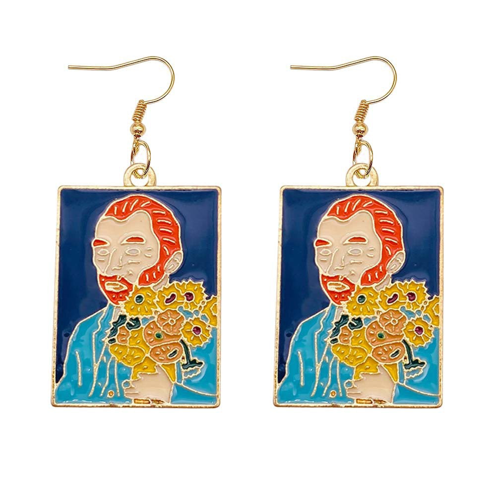 Wholesale Oil painting Starry Night Sunflower Butterfly Ocean Pattern Earrings