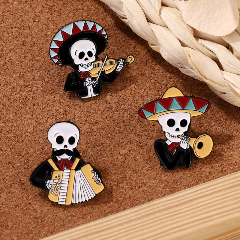 Wholesale Creative Mariachi Cute Skeleton Playing Instrument Alloy Brooch