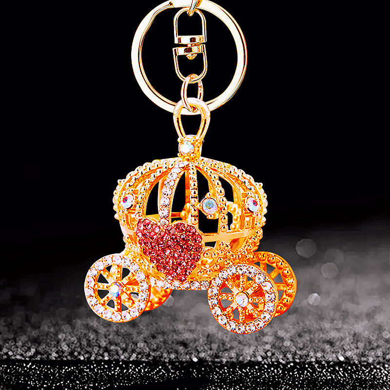 Wholesale Metal Rhinestone Pumpkin Carriage Keychain Bag Charm Pink Car Key Accessory Decorative Gift