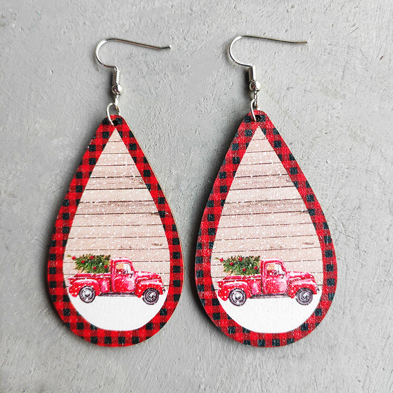 Wholesale Christmas Snowman Red and Black Plaid Lantern Wood Earrings