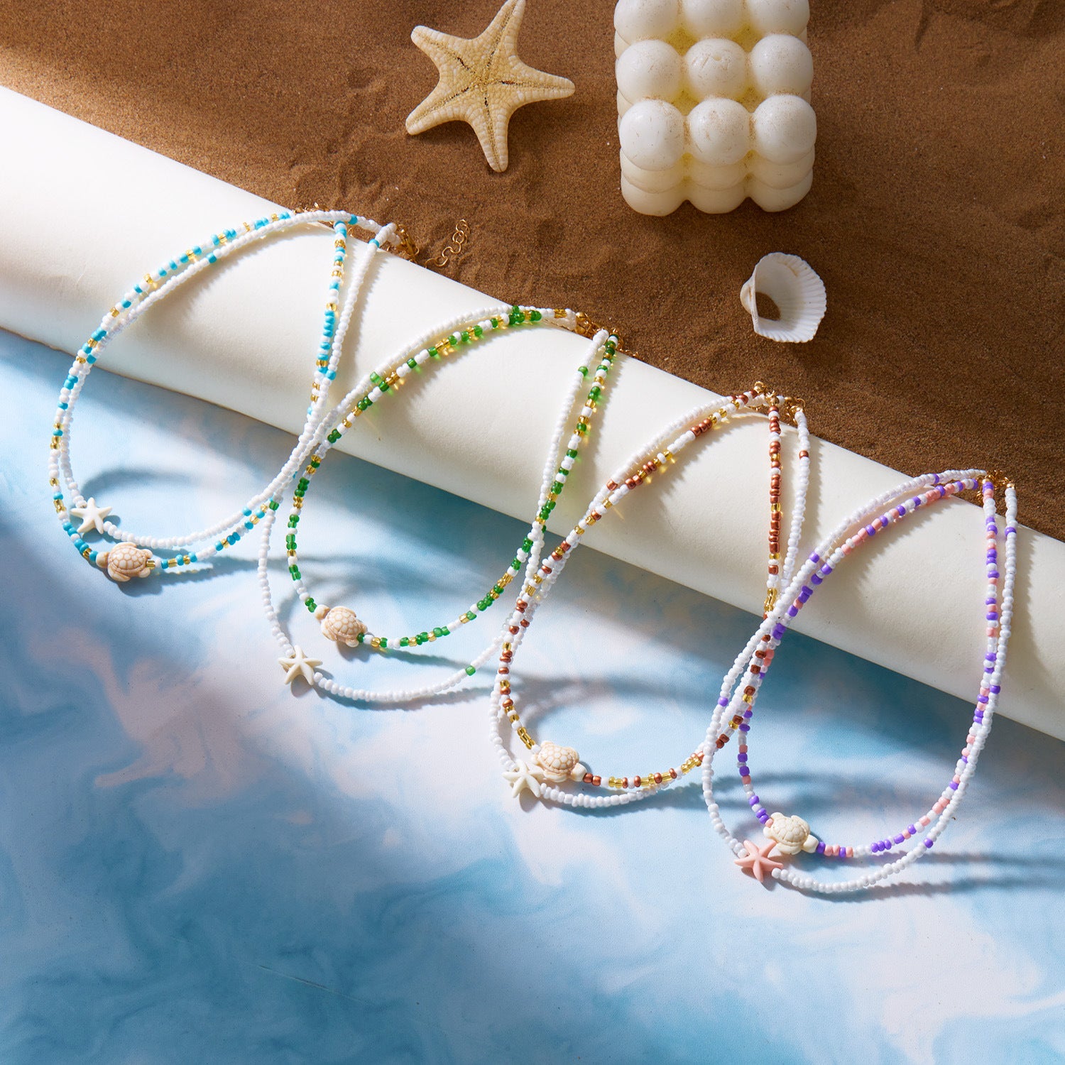 Wholesale Bohemian Starfish Colorful Rice Bead Necklace Set