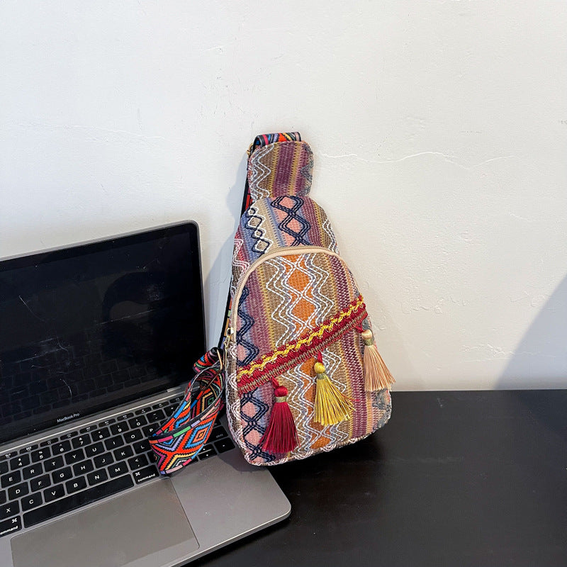 Wholesale Ethnic Tassel Woven Cotton Linen Shoulder Bag Messenger Bag