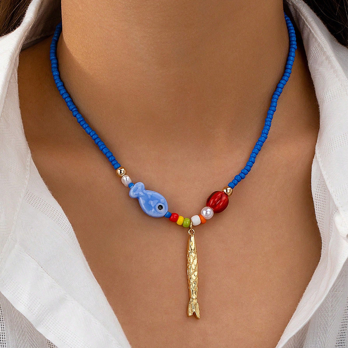 Wholesale Bohemian Summer Glass Bead Fish Starfish Pendant Necklace